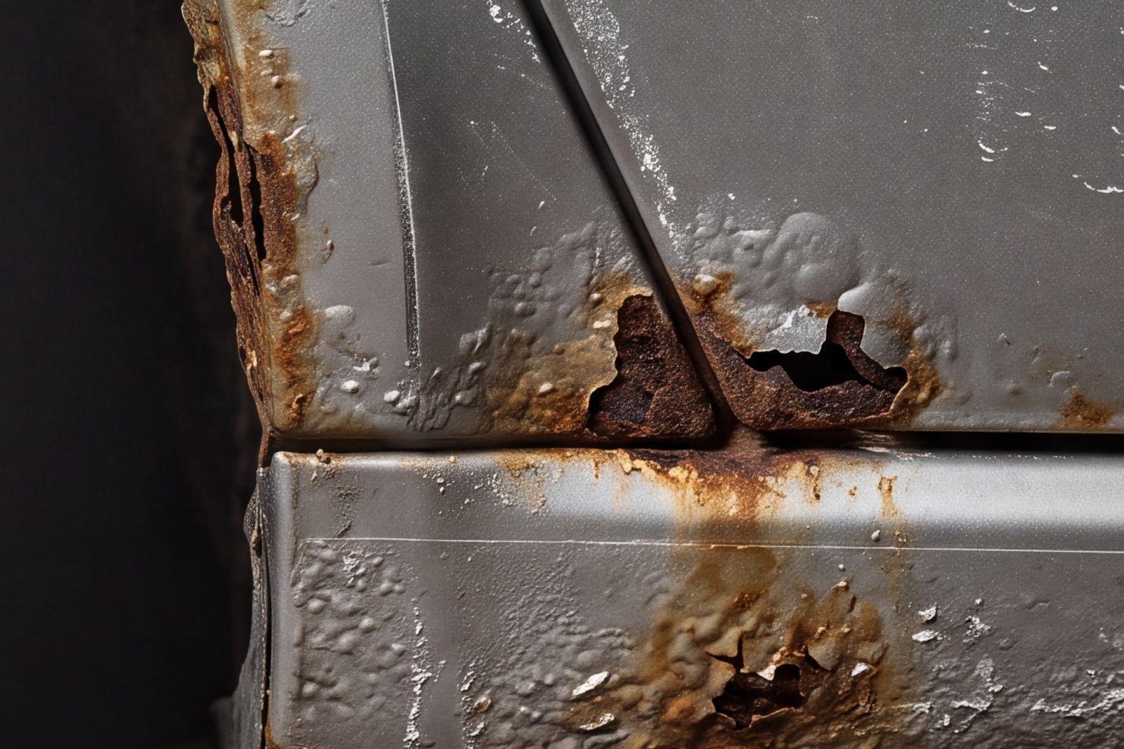 Bas de caisse gris attaqué par la rouille, peinture soulevée et métal perforé